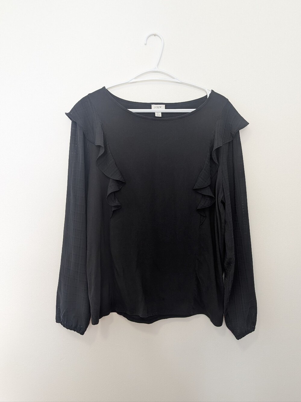 J.Crew Black Ruffle Trim Sheer Long Sleeve Blouse Top Gothic Cottagecore Chic L